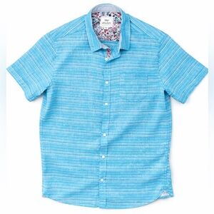 PRIVATE MEMBER Blue Linen Blend Short Sleeve Shirt - Floral Trim - Size M
